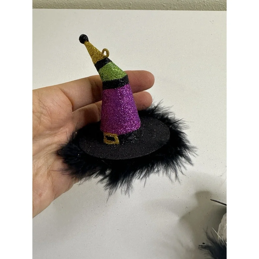 Pier 1 Halloween Ornament Day of Dead Top Hat Witch Hat Glitter Hanging Set 2